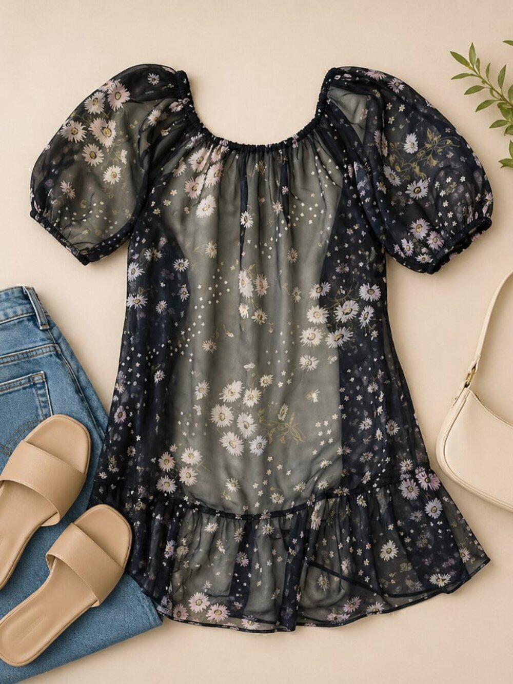 Madewell Sheer Floral Blouse XS Black Daisy Puff Sleeve Boho